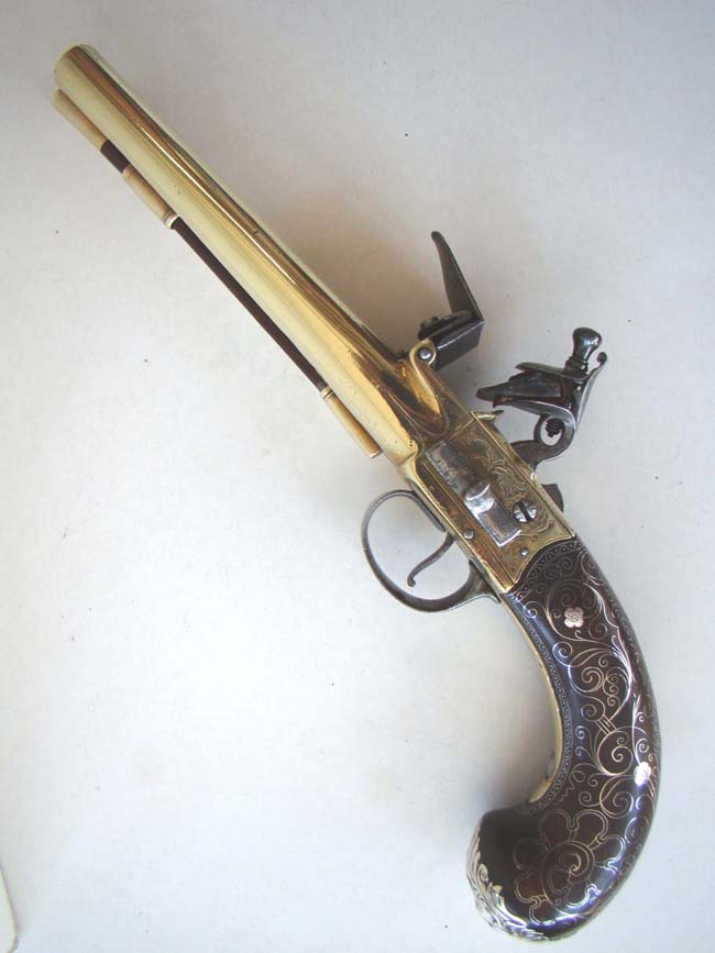 A Magnificent Brass Double Barreled Flintlock Pistol with Silver Inlays by John Parkes of London circa 1770. — image 10